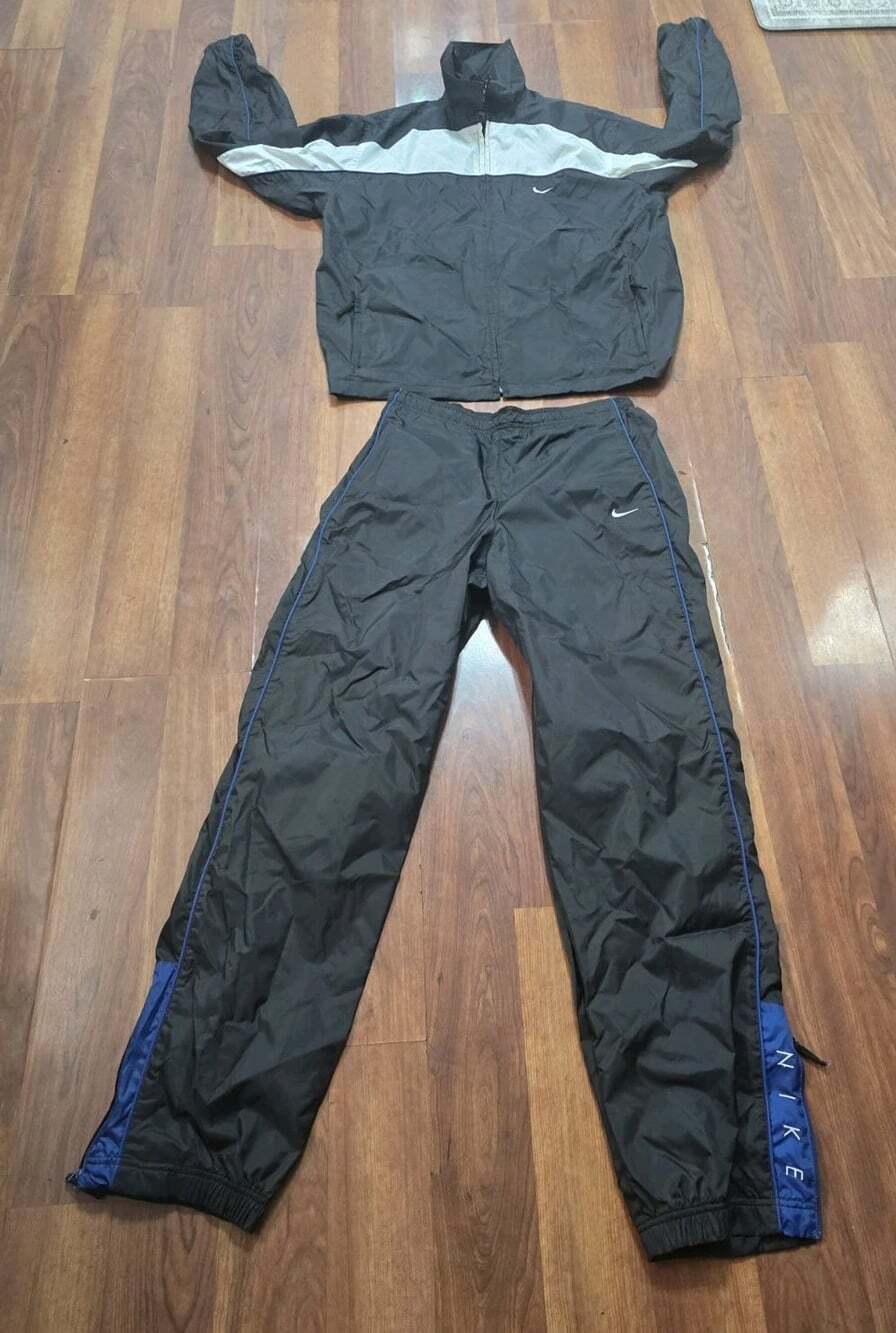Vtg Y2K Nike Mesh Lined Black Blue White Windbreaker Tracksuit Set Jacket & Pant